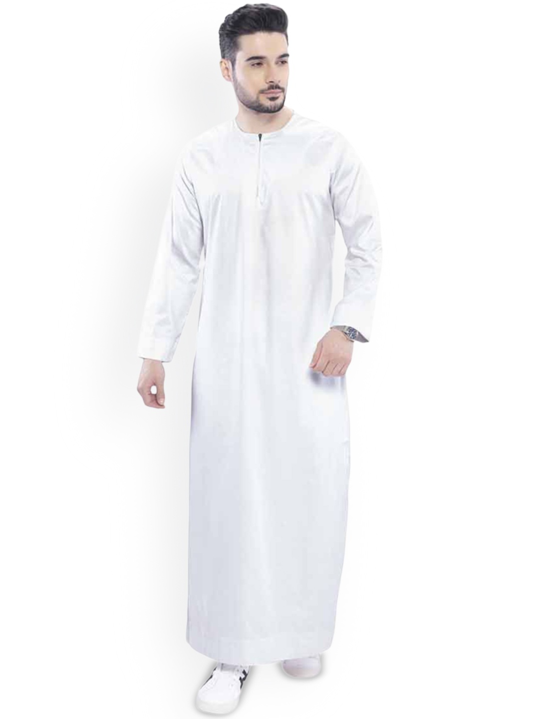 

MASHROO Round Neck Long Sleeves Zip Closure Kurvig Omani Thobe, White
