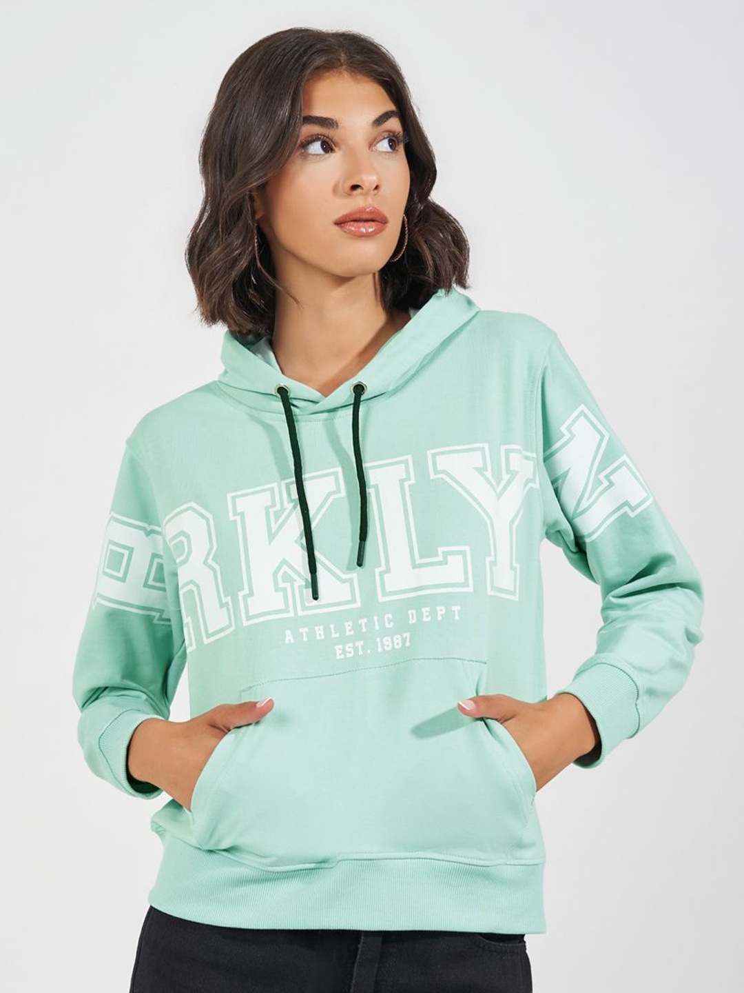 

Styli Women Regular Fit Regular Length Slogan Hoodie With Contrast Hood, Green