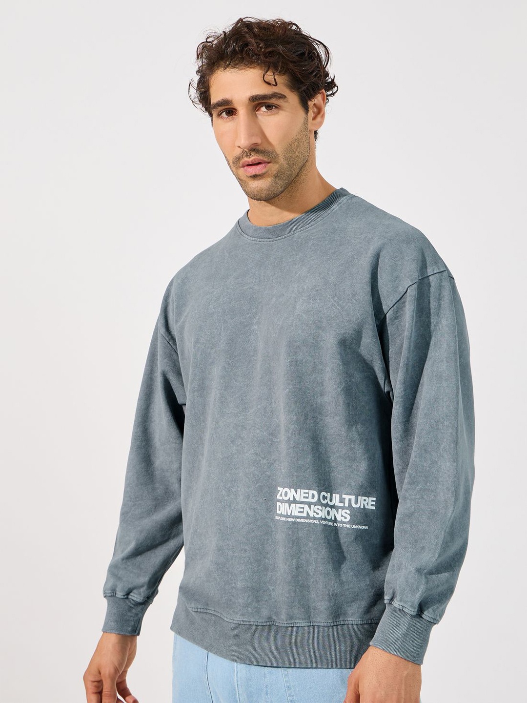 

Styli Typography Printed Round Neck Boxy Fit Pullover, Grey