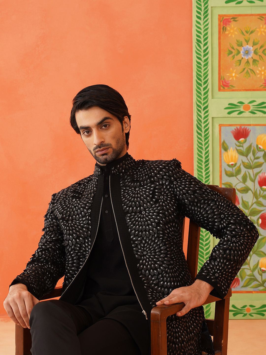 

TheEthnic.Co Men Bandhgala Mandarin Collar Suits, Black