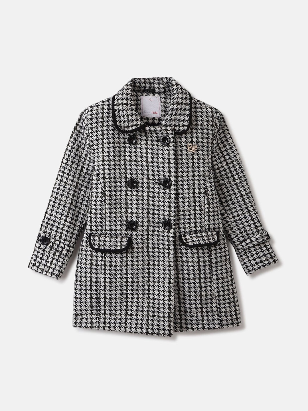 

ELLE Girls Double-Breasted Checked Spread Collar Overcoat, Black