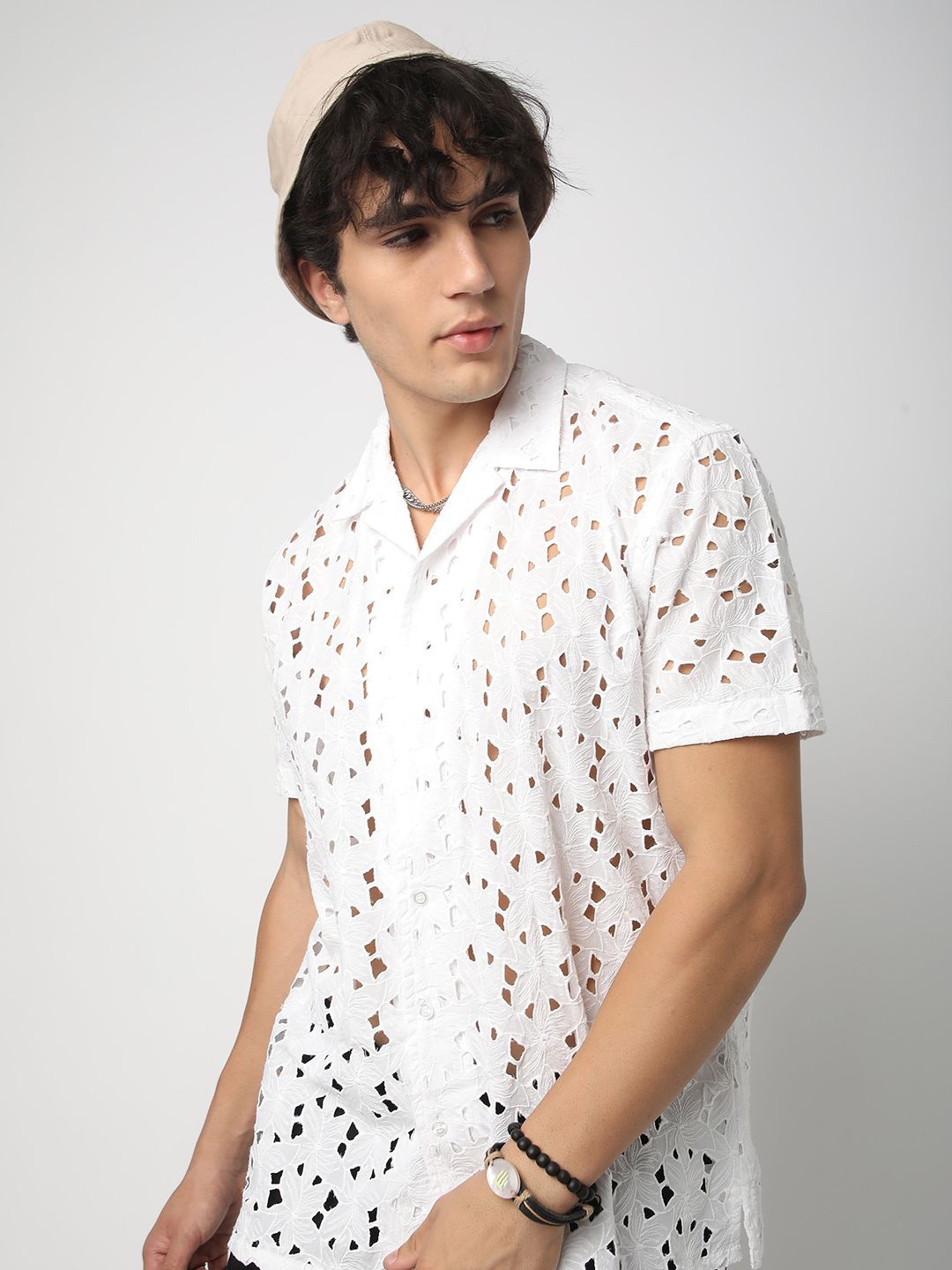 

VASTRADO Men Classic Cuban Collar Textured Cotton Oversized Casual Shirt, White