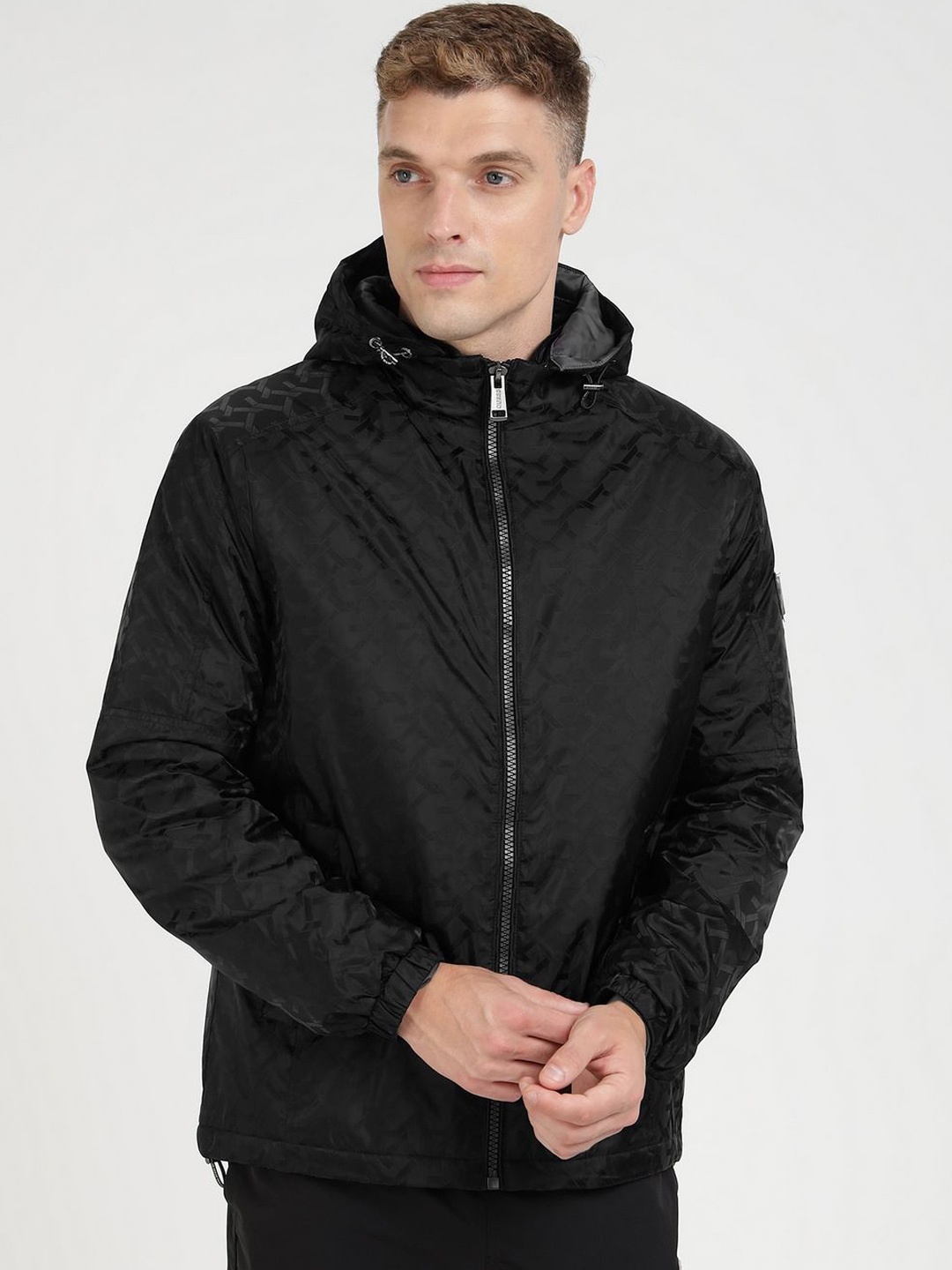 

GUESS Men Hooded Self Design Casual Bomber Jacket, Black