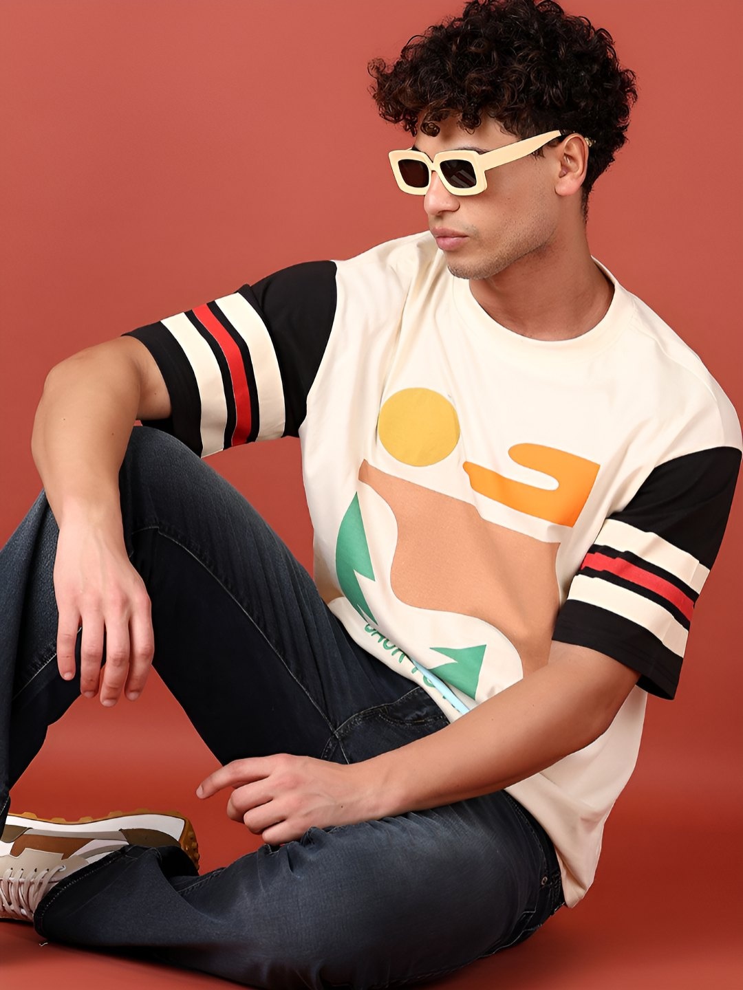 

V-Mart Men Graphic Printed Round Neck Cotton T-shirt, Beige