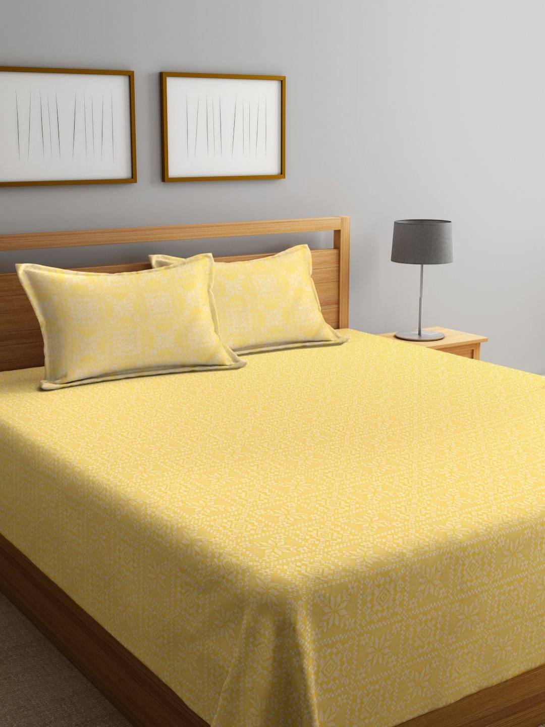 

KLOTTHE Yellow Woven Design Pure Cotton Double King Bedcover with 2 Pillow covers