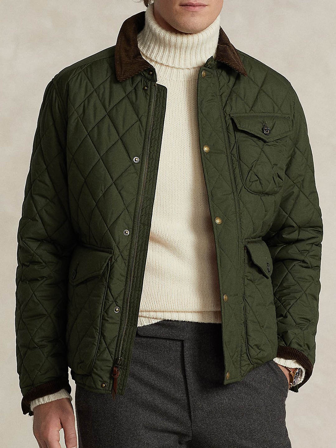 

Polo Ralph Lauren Men Spread Collar Solid Casual Quilted Jacket, Olive