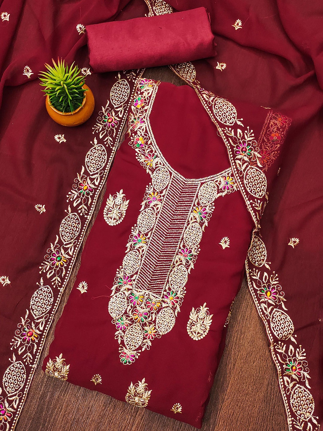 

KALINI Embroidered Silk Georgette Unstitched Dress Material, Maroon