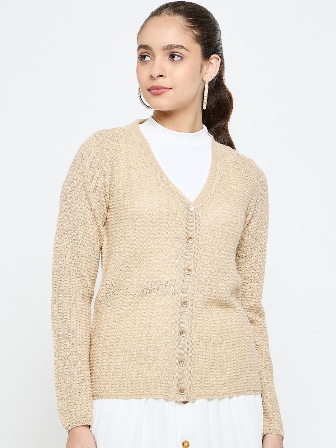 

CREATIVE LINE Women Woollen Self Desgin V-Neck Long Sleeves Cardigan, Beige