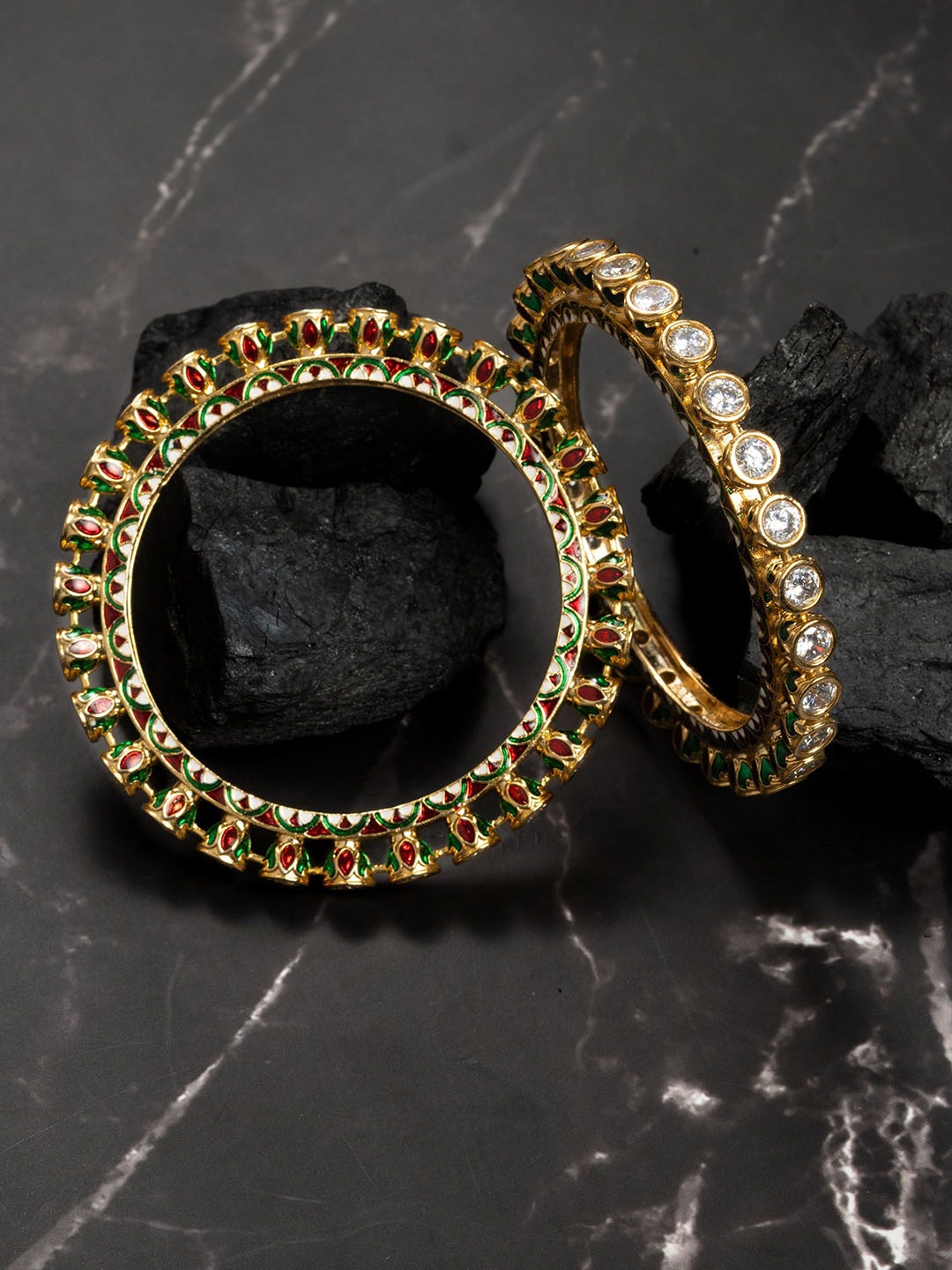 

Zevarly Set Of 2 Gold-Plated American Diamond Stone-Studded Bangles