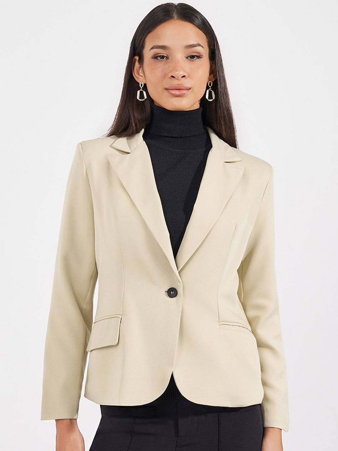 

Styli Notched Lapel Single Breasted Blazers, Beige