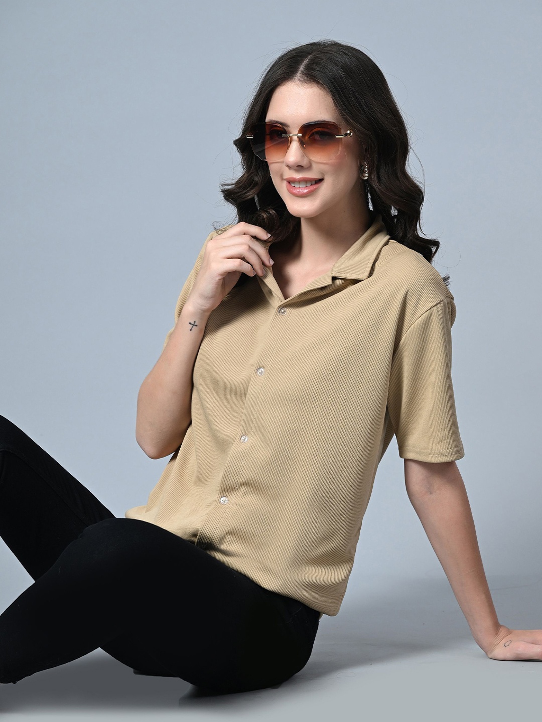 

Genzy Women Self Design Crepe Shirt Style Top, Camel brown