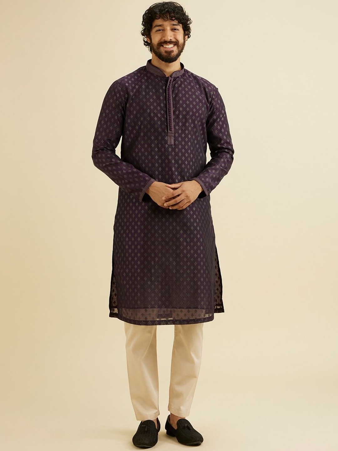 

Manyavar Ethnic Motifs Woven Design Thread Work Chanderi Cotton Kurta with Pyjamas, Purple