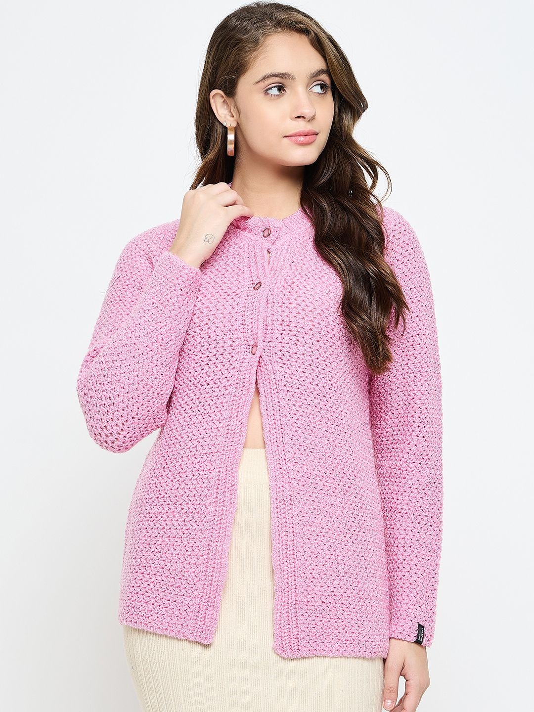 

CREATIVE LINE Women Woollen Longline Cardigan, Pink