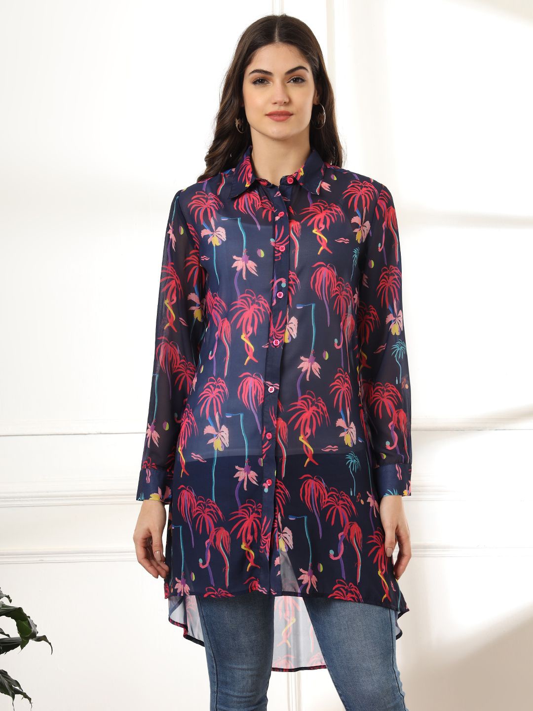 

CHARMGAL Women Classic Spread Collar Floral Printed Relaxed Fit Casual Shirt, Navy blue