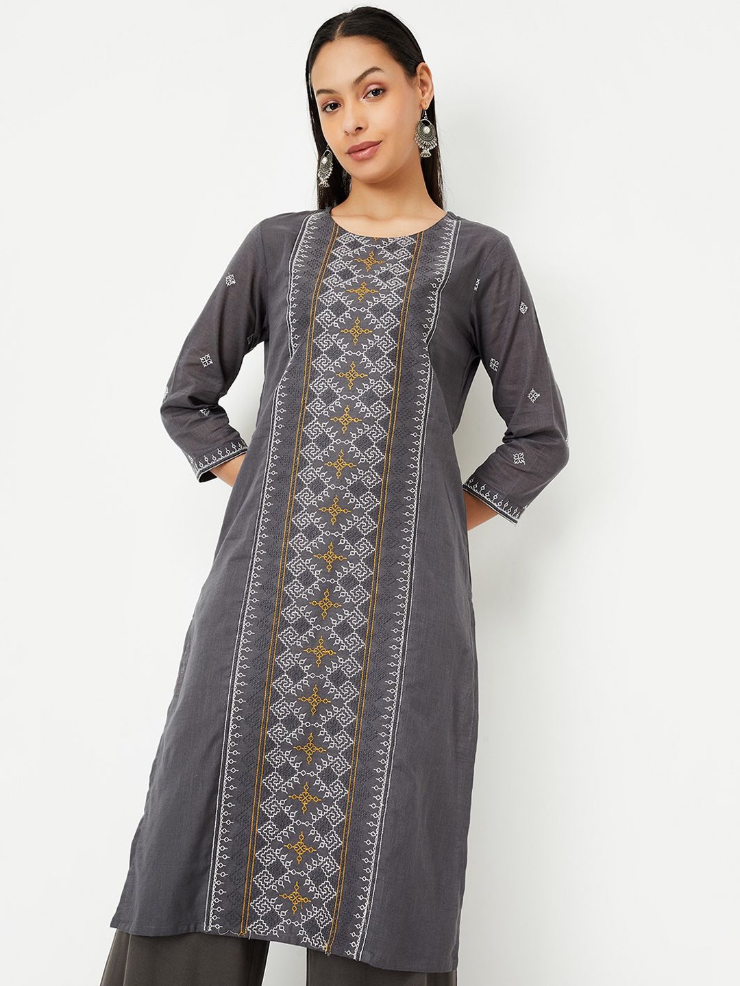 

max Geometric Embroidered Round Neck Thread Work Cotton Straight Kurta, Grey