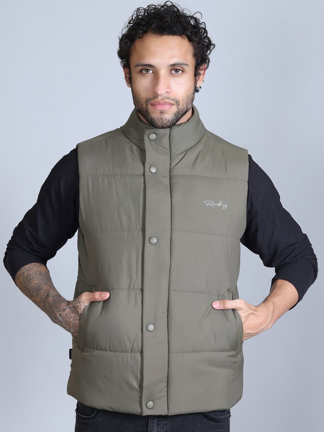 

Roadking Men Colourblocked Polyester Lightweight Crop Puffer Jacket with Patchwork, Olive