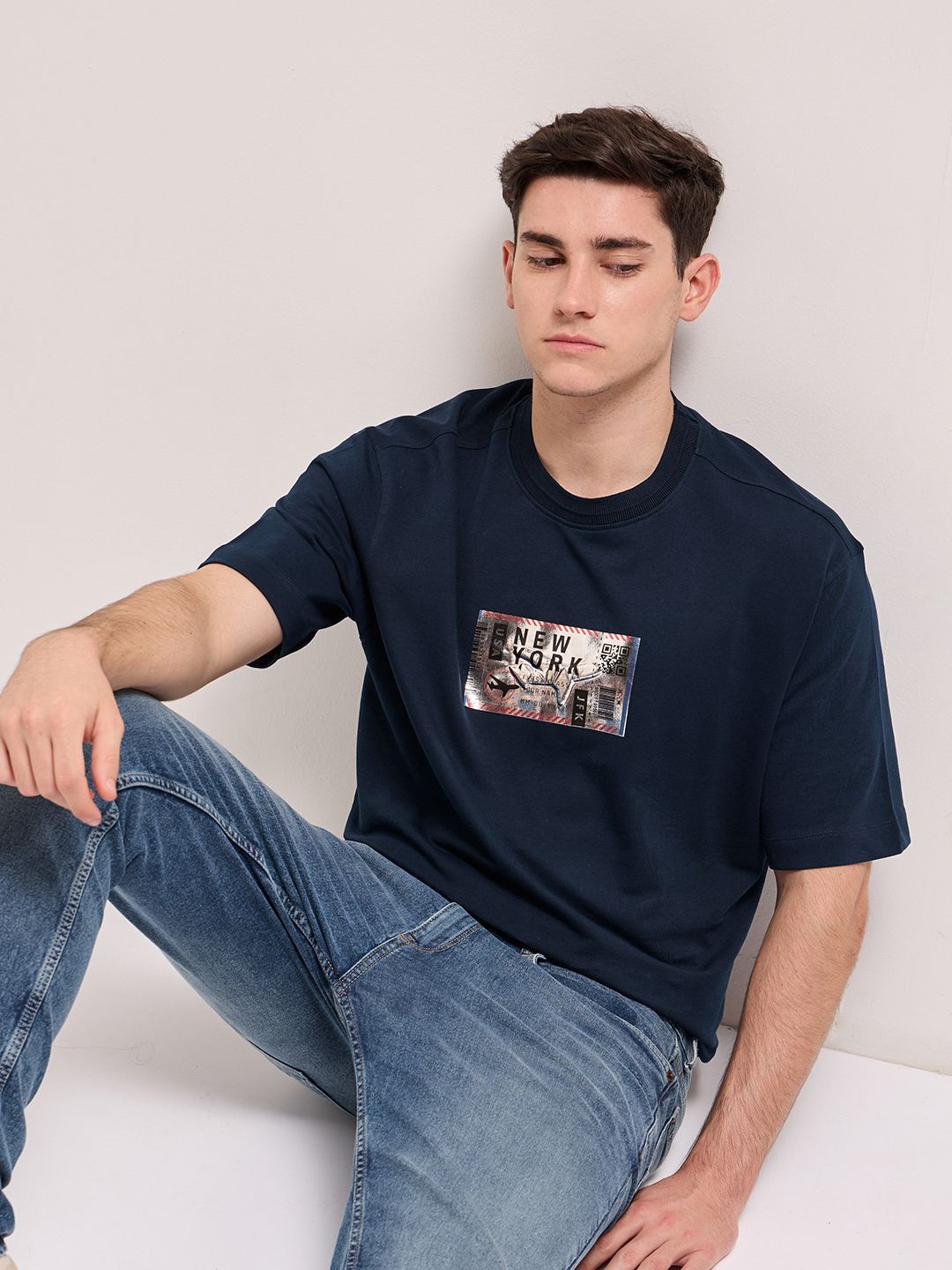 

THE BEAR HOUSE Men Graphic Printed Round Neck Cotton Oversized T-shirt, Navy blue