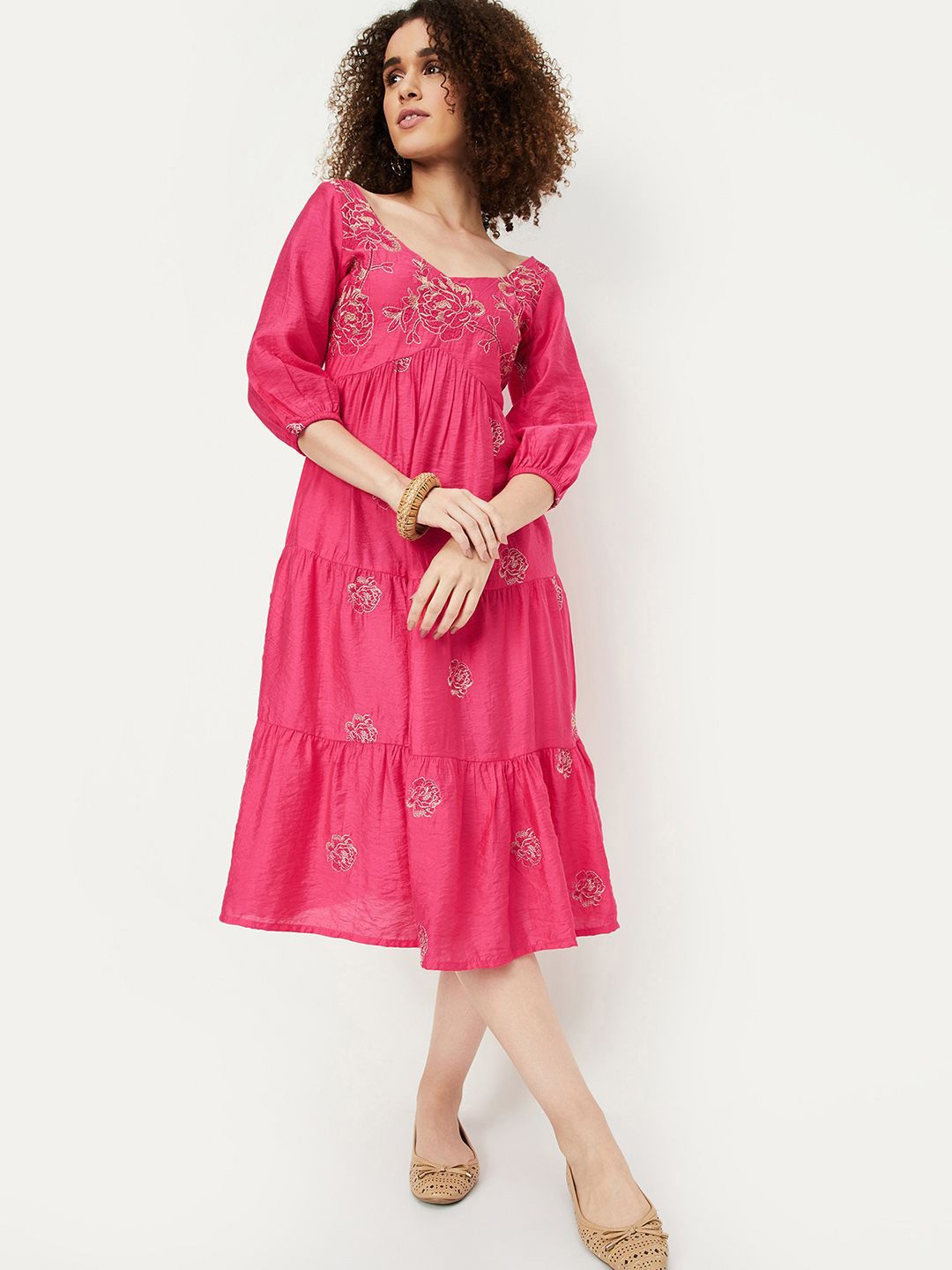 

max Embroidered V-Neck Bishop Sleeves Empire Midi Tiered Dresses, Pink