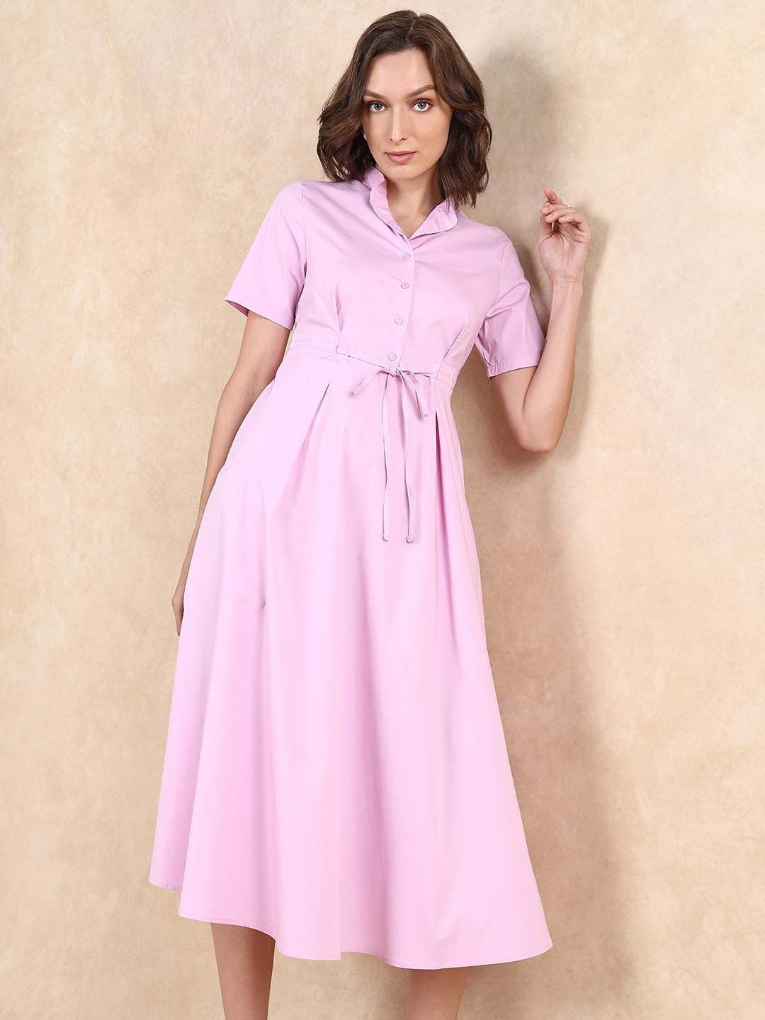 

RAREISM Women Solid Cotton Fit & Flare Dress, Pink