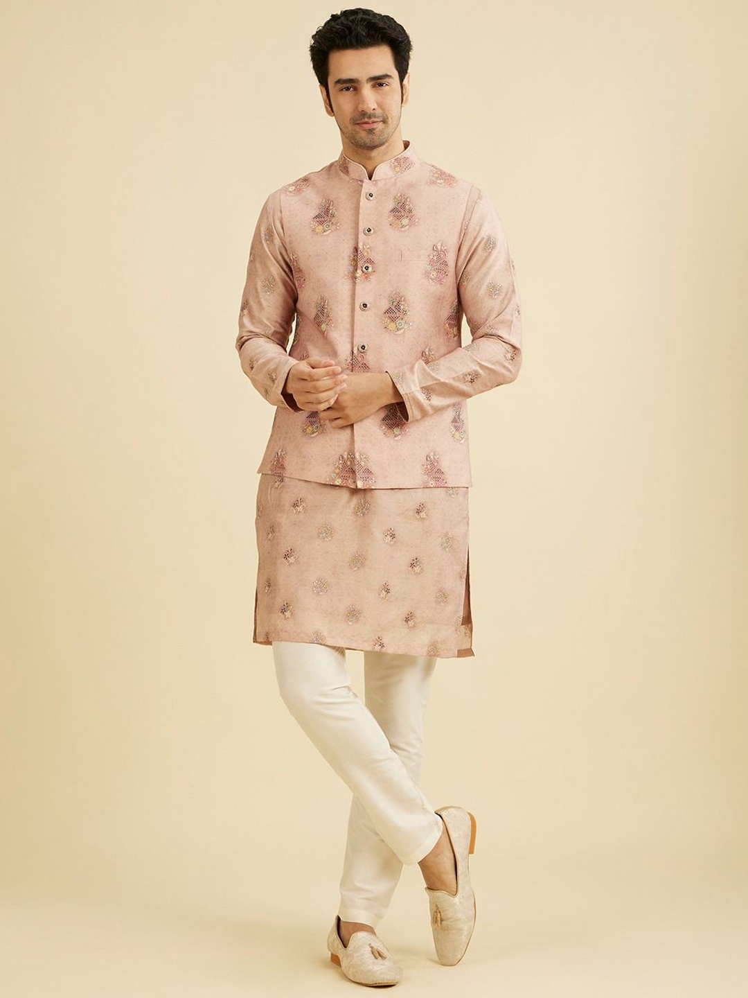 

Manyavar Ethnic Motifs Printed Straight Kurta and Churidar with Jacket, Pink