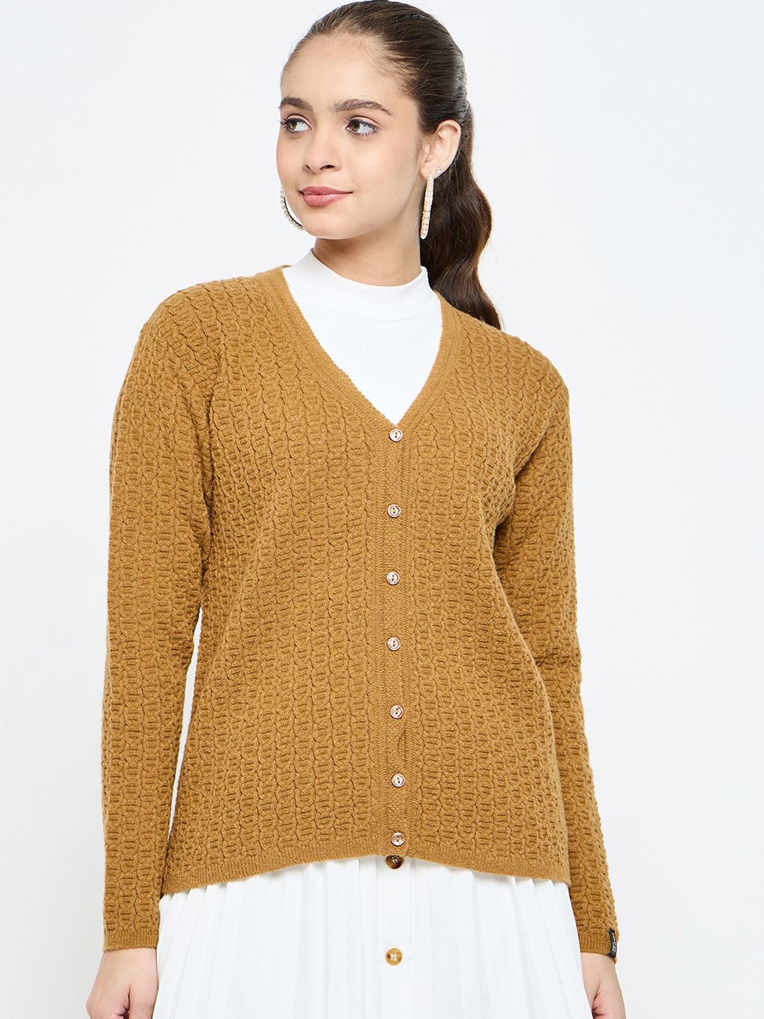 

CREATIVE LINE Women Woollen Self Desgin Knitted Cardigan, Tan