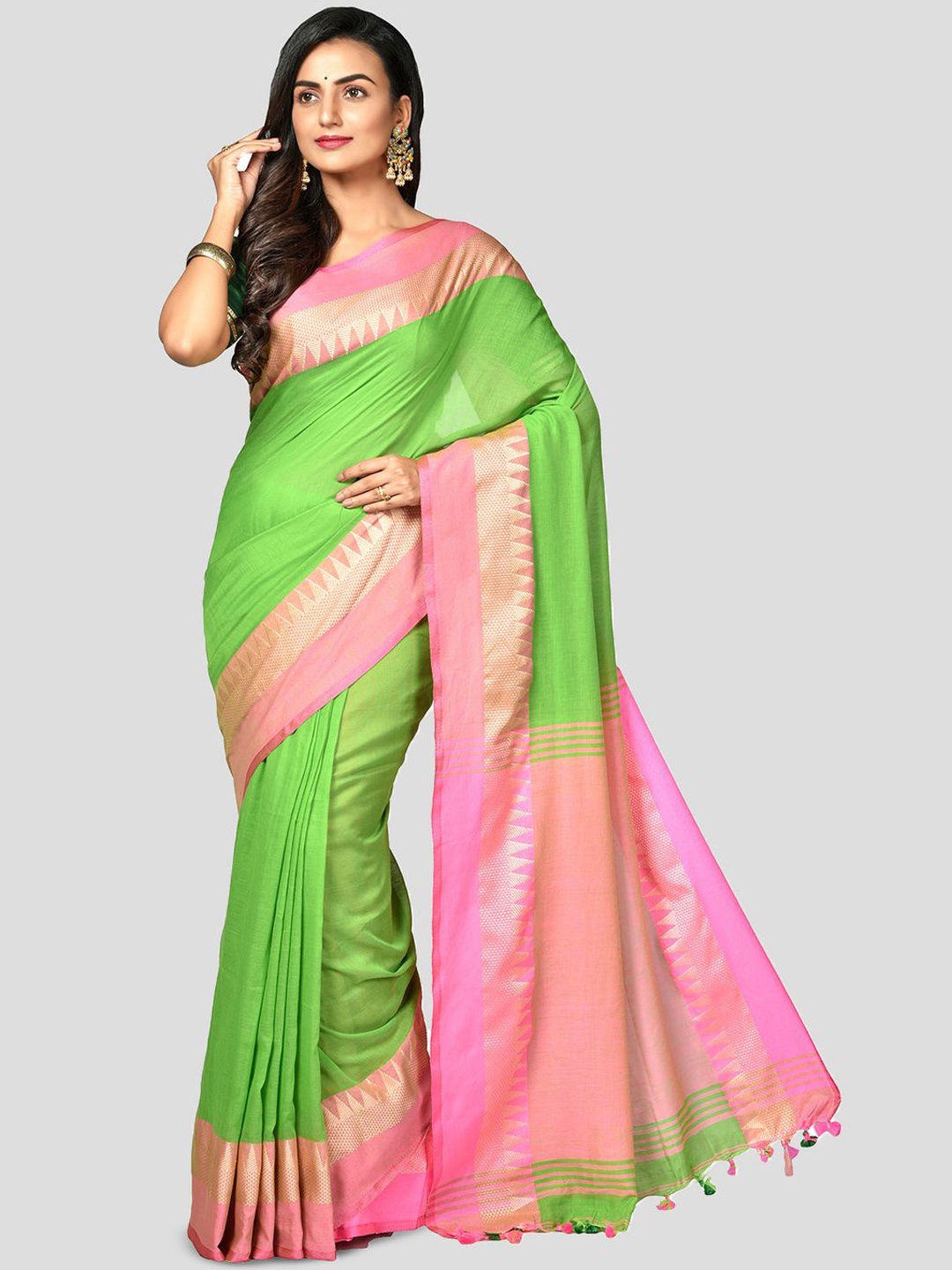 

Crochetin Woven Design Zari Pure Cotton Saree, Green