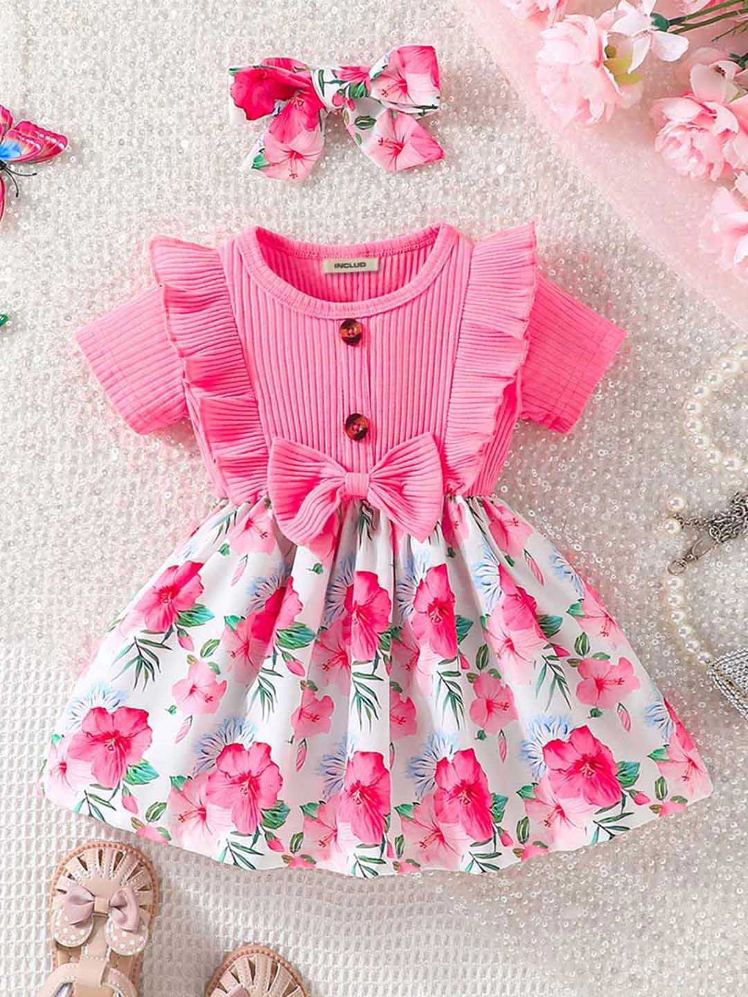 

INCLUD Girls Floral Printed Fit & Flare Midi Dress, Pink