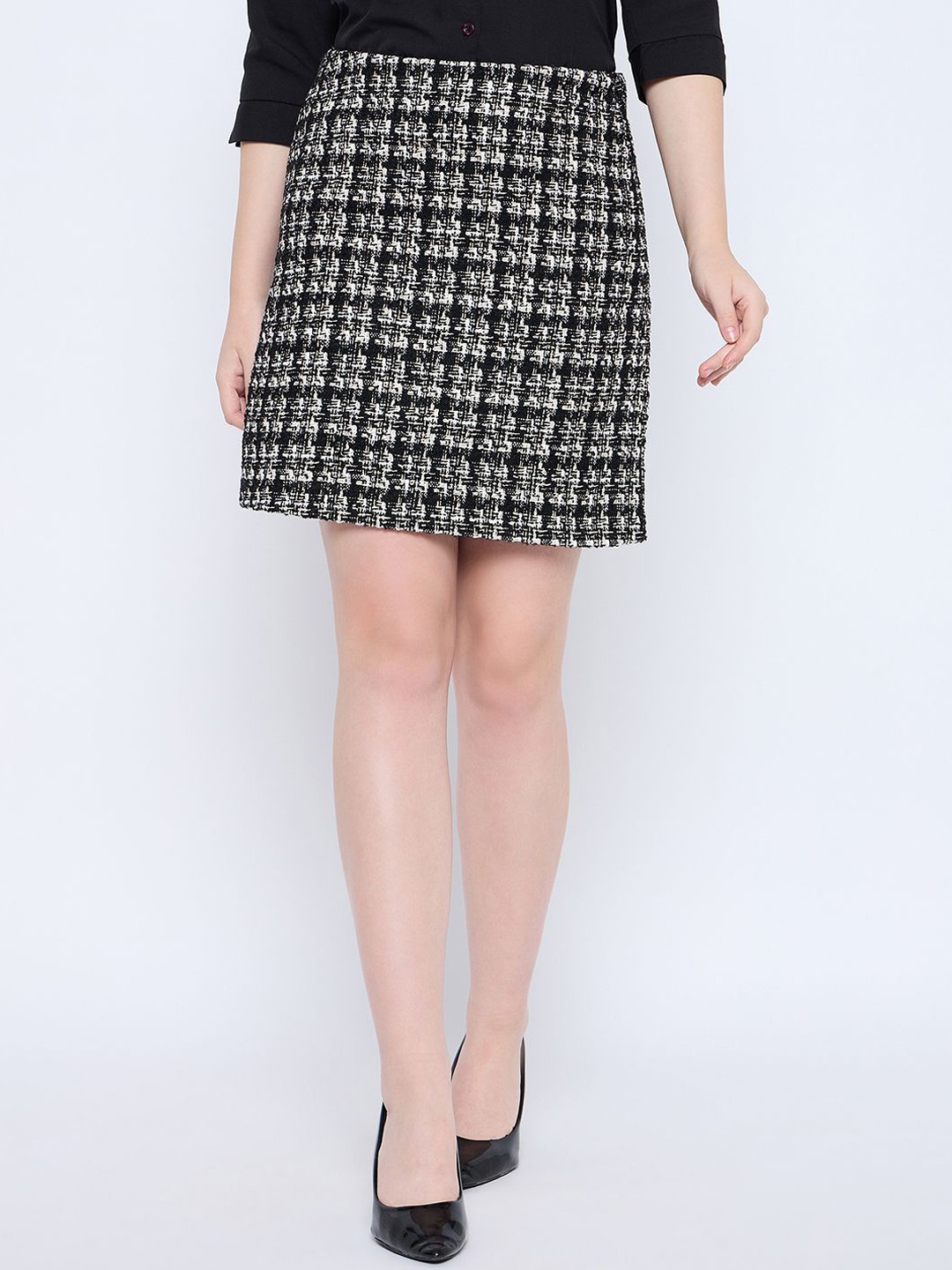

Madame Women Checked Above Knee Skirts, Black