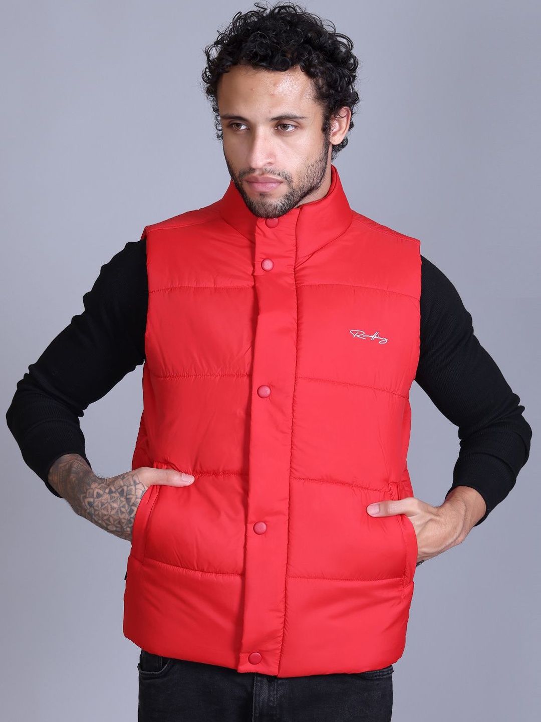 

Roadking Men Mock Collar Solid Casual Padded Jacket, Red