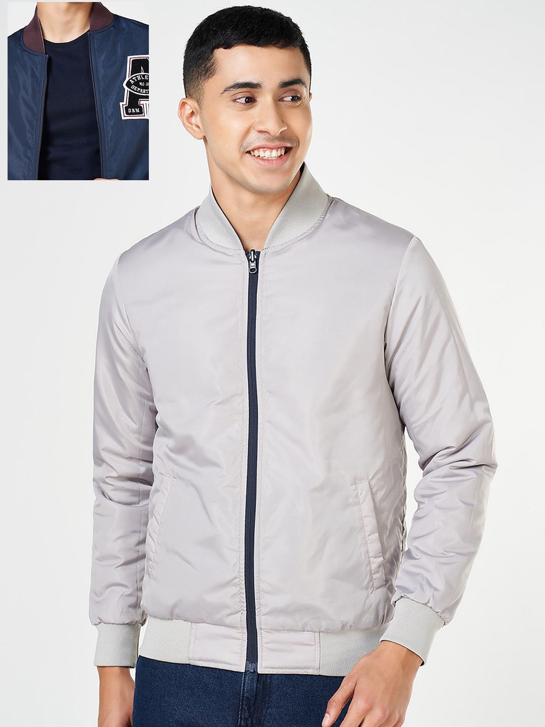 

People Men Stand Collar Reversible Embroidered Casual Bomber Jacket, Grey