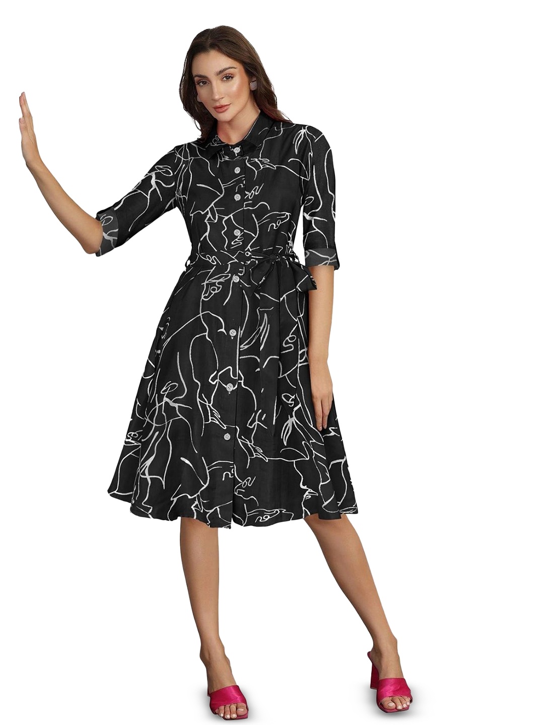 

ODETTE Women Abstract Printed Cotton Shirt Collar Roll-up Sleeves Knee Length Shirt Dress, Black