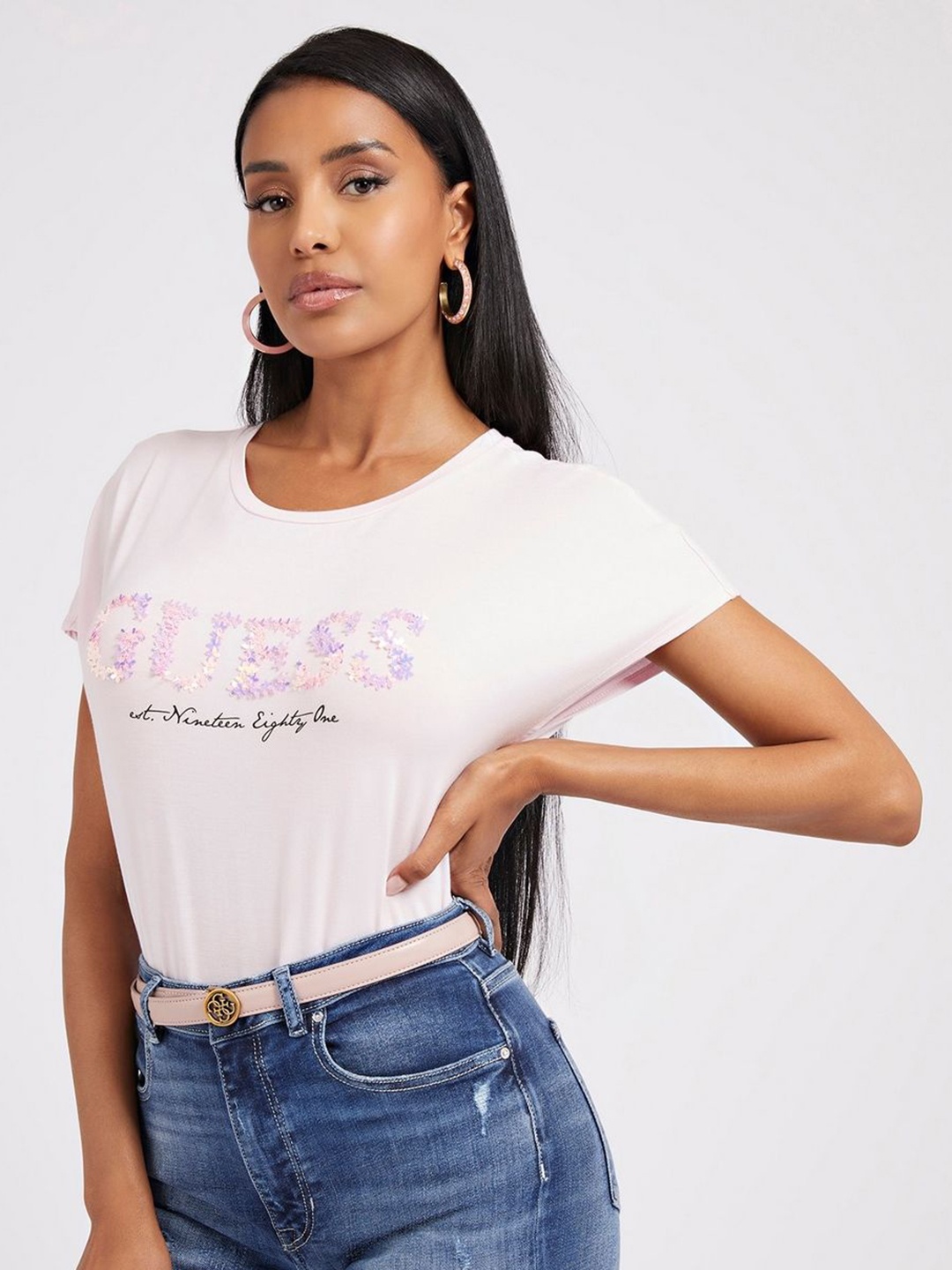 

GUESS Women Typography Printed Round Neck T-shirt, Pink