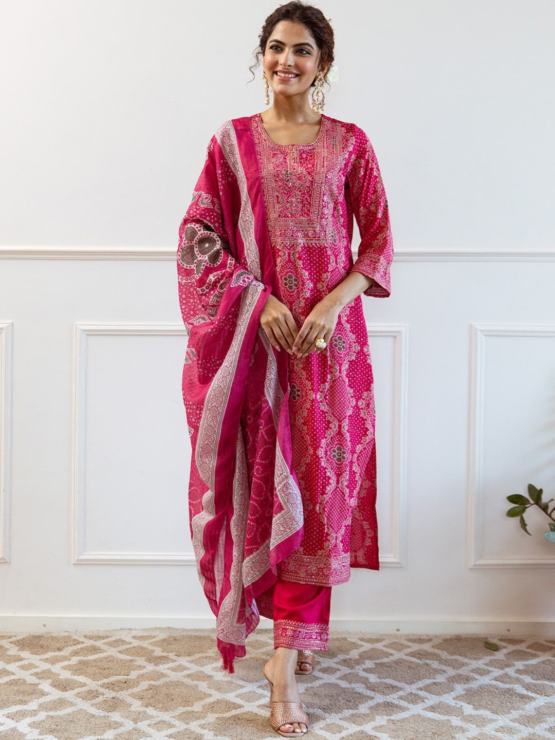 

Ishin Floral Embroidered Sequinned Kurta With Palazzos & Dupatta, Pink