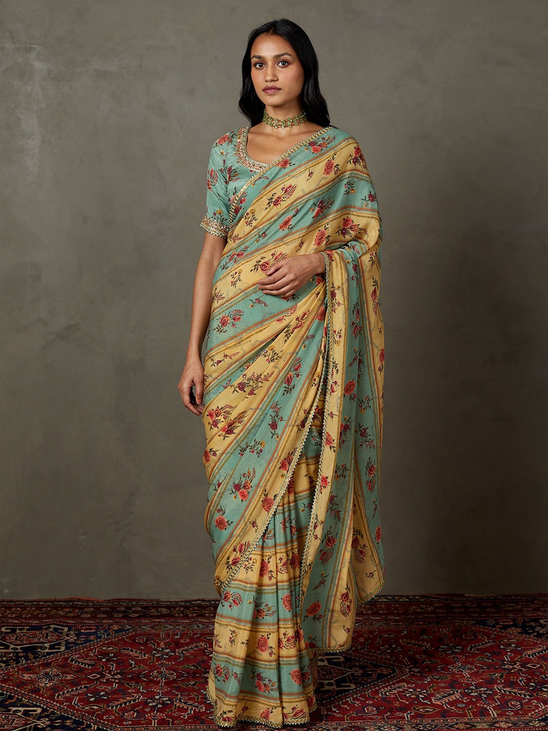 

Ri.Ritu Kumar Embroidered Floral Printed Beads and Stones Saree With Unstitched Blouse, Teal
