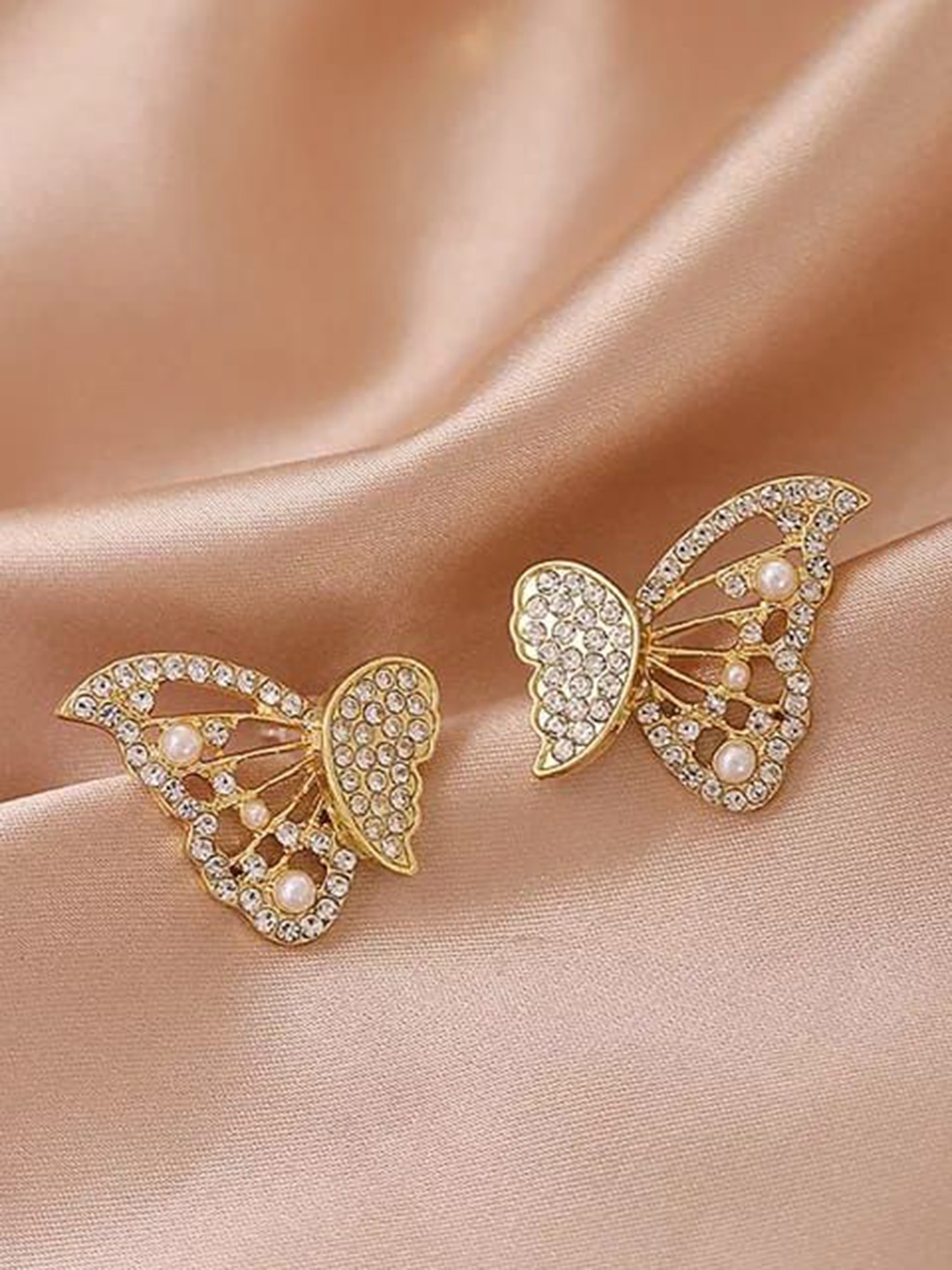 

YU FASHIONS Gold-Plated Rhinestone Studded Butterfly Shaped Drop Earrings