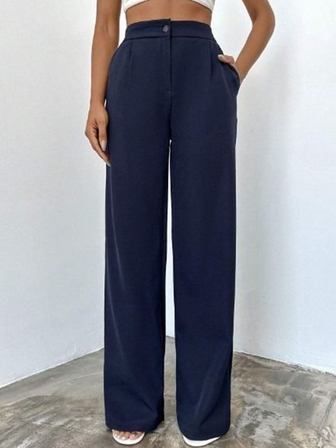 

BROADSTAR Women Pleated Korean Pants, Navy blue