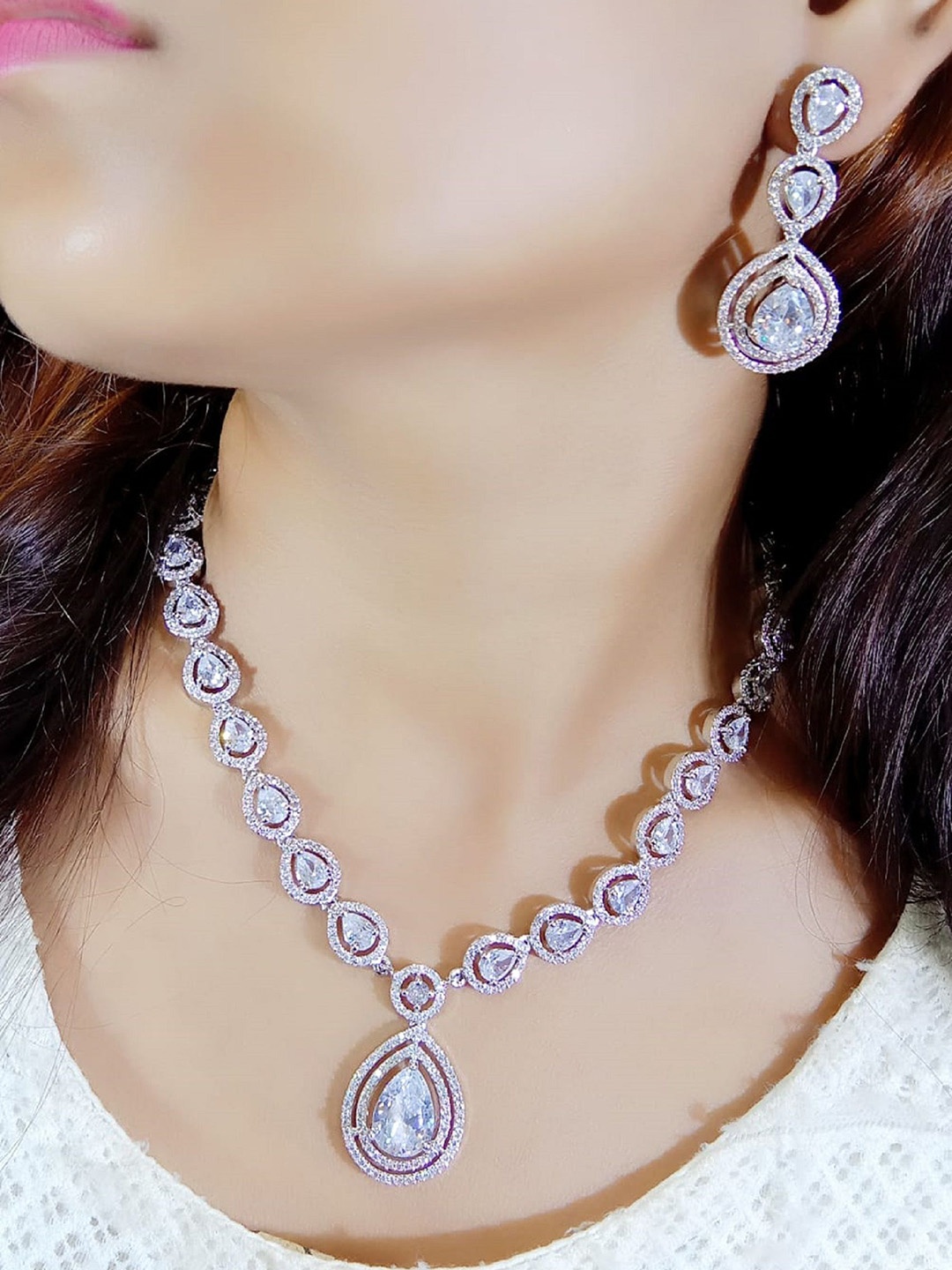 

Ladymania Silver-Plated American Diamond Stone Studded Jewellery Set, White