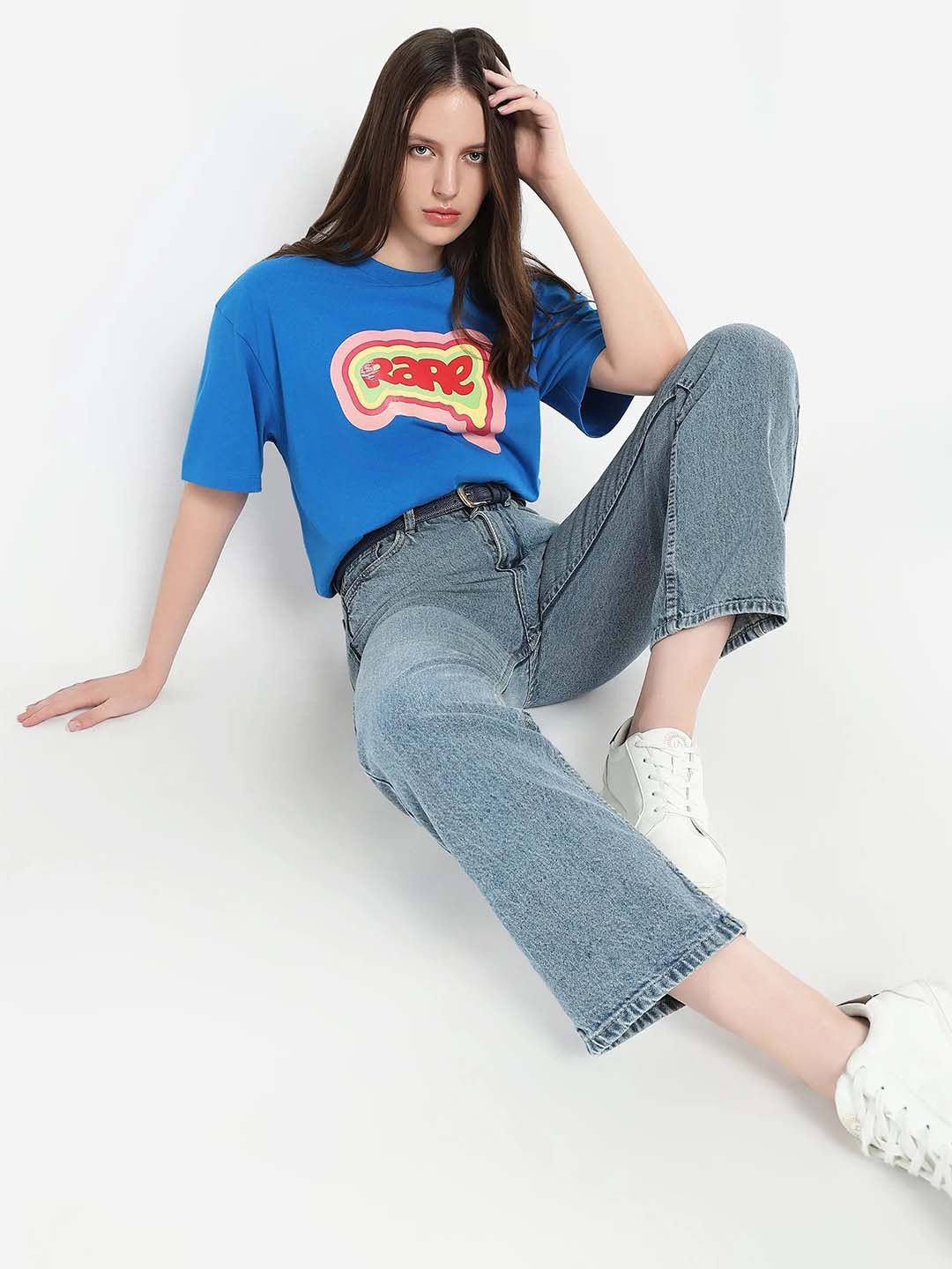 

RAREISM Women Graphic Printed Round Neck Cotton Oversized T-shirt, Blue