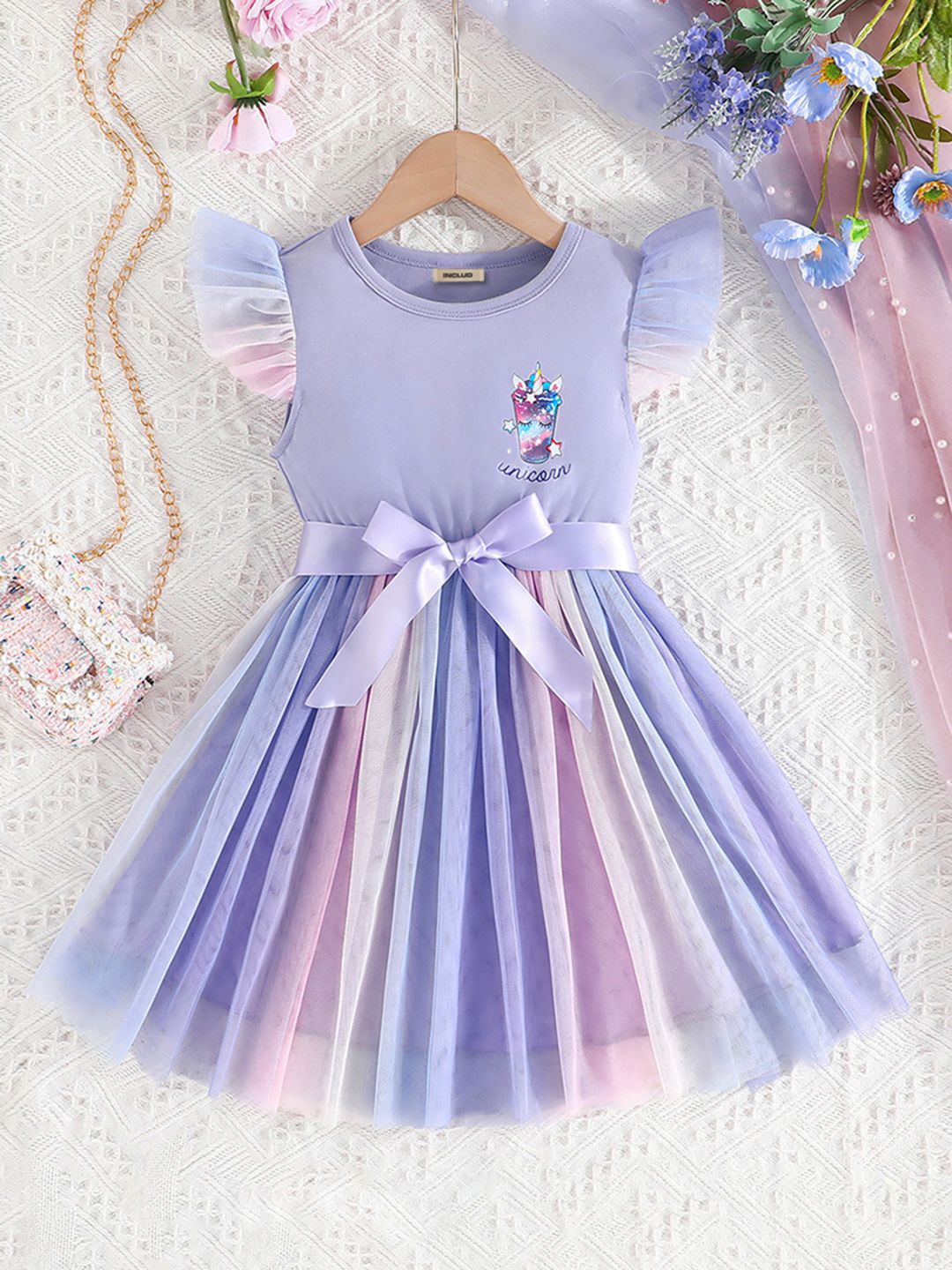 

INCLUD Girls Flutter Sleeve Fit & Flare Dress, Purple