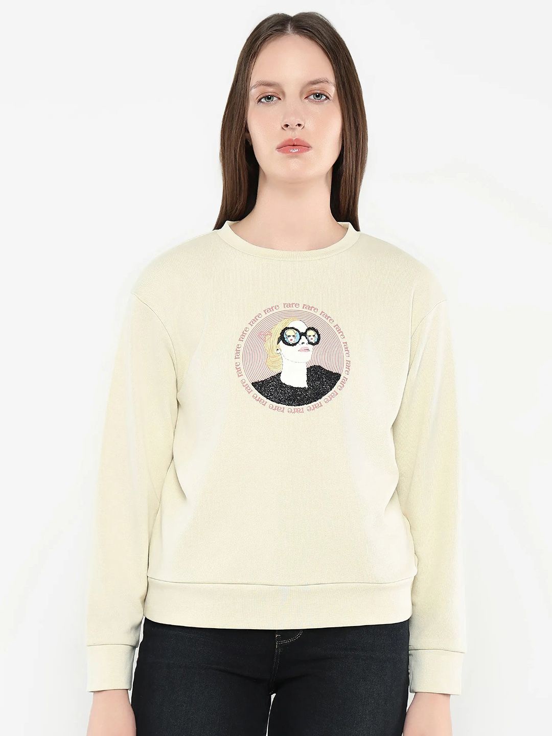

RAREISM Women Graphic Applique Cotton Sweatshirt, Beige