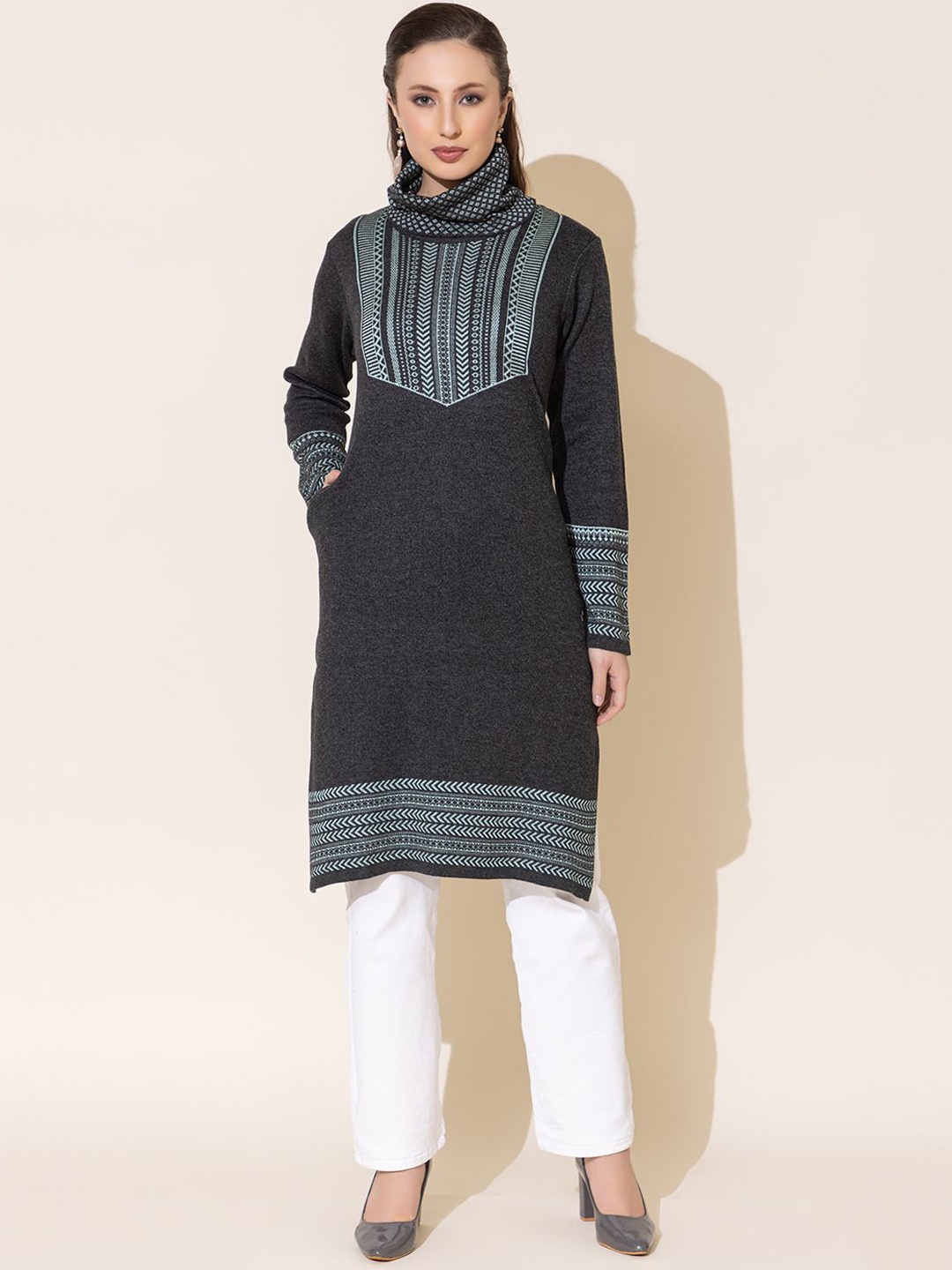 

Anouk Grey & Blue Geometric Woven Design High Neck Jacquard Straight Kurta