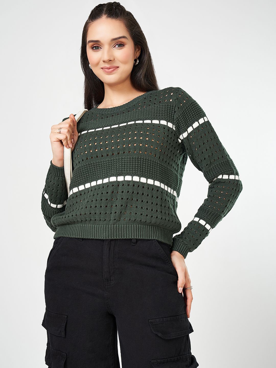 

People Women Open Knit Pullover Sweater, Green