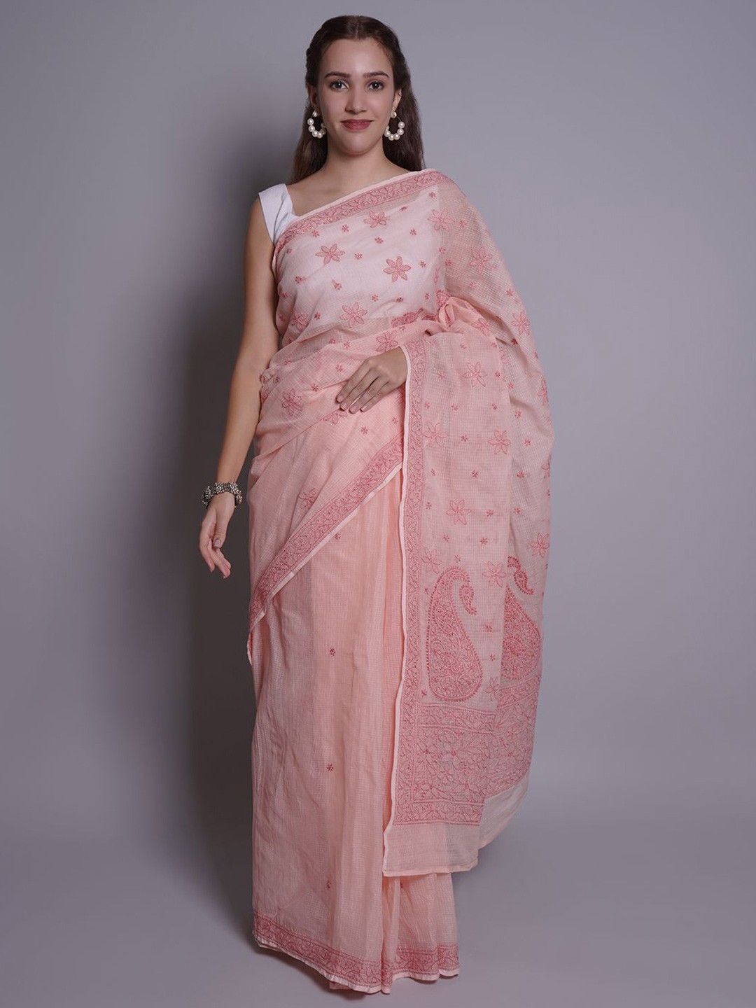 

Seva Chikan Ethnic Motifs Lucknowi Chikankari Embroidered Kota Saree, Peach