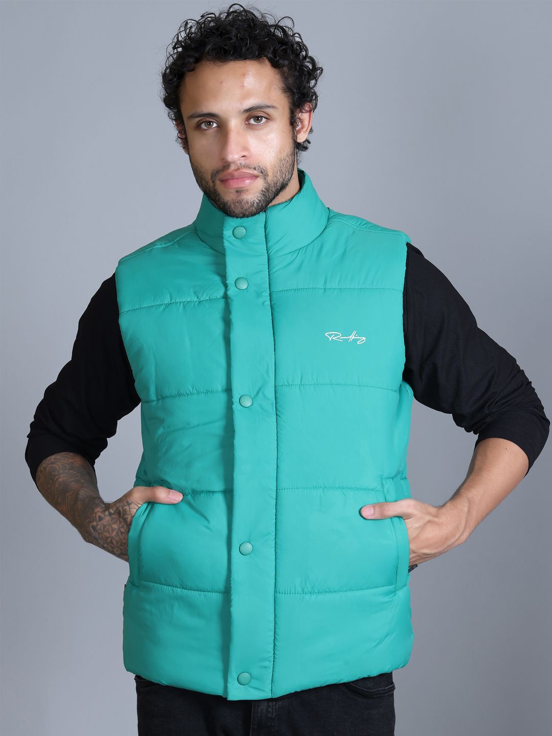 

Roadking Men Mock Collar Solid Casual Padded Jacket, Green