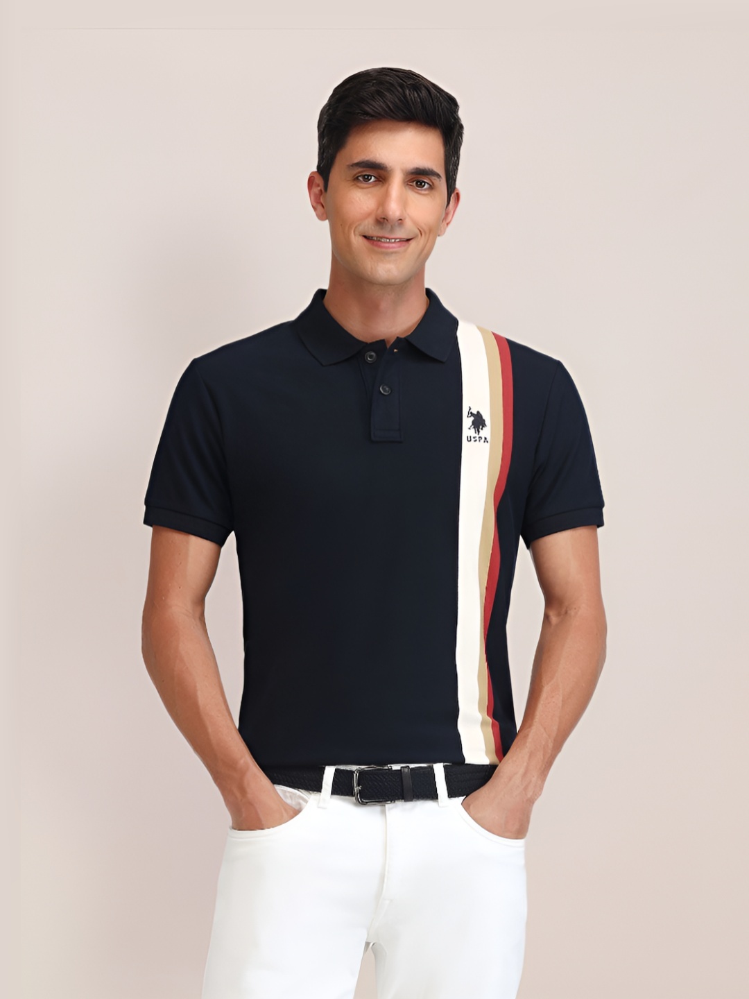 

U.S. Polo Assn. Men Striped Polo Collar Cotton Slim Fit T-shirt, Navy blue