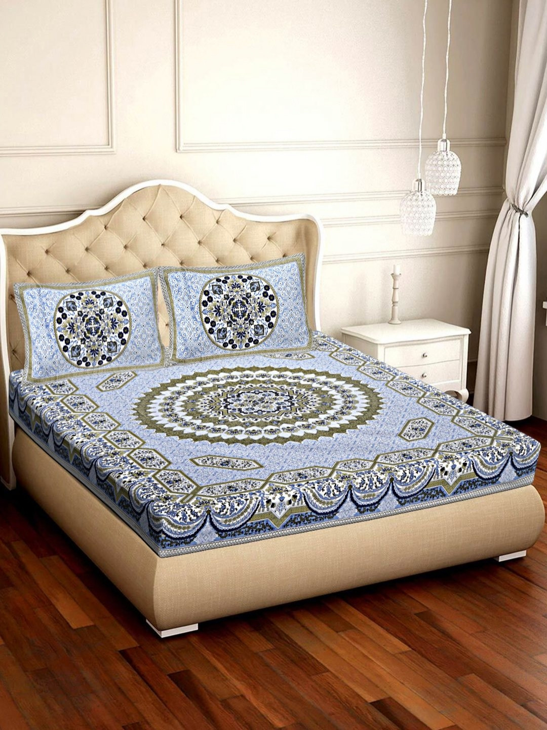 

VANI E Blue & Green Floral 180 TC Cotton King Bedsheet Set-2.54 m x 2.74 m