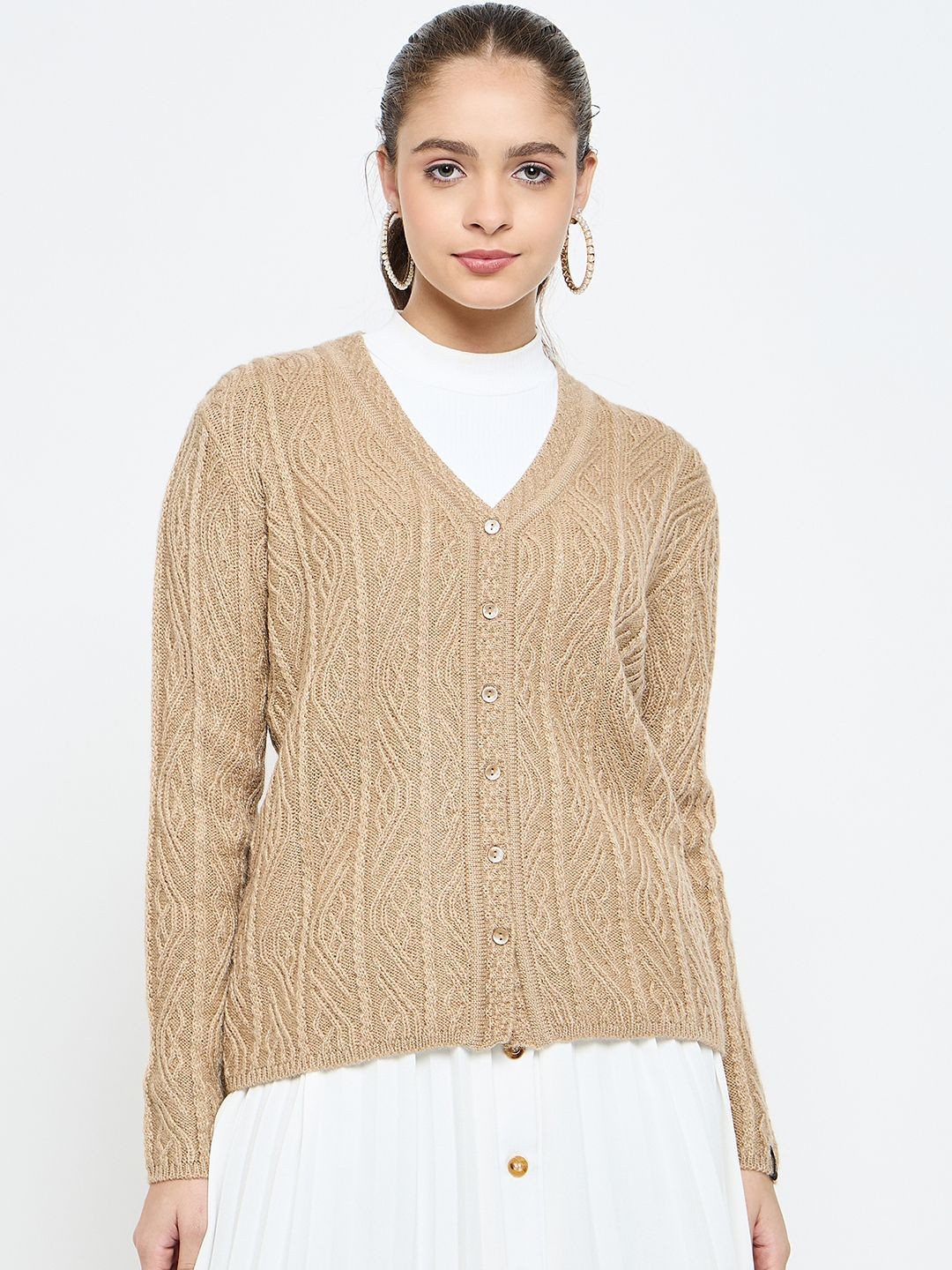

CREATIVE LINE Women Woollen Cardigan, Beige
