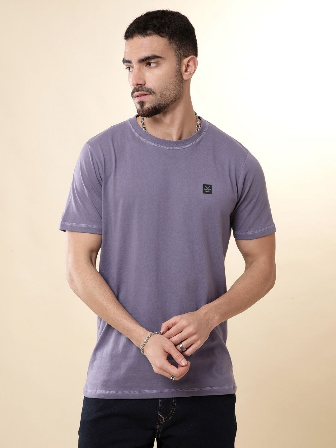 

WROGN Men Solid Round Neck Cotton T-shirt, Purple