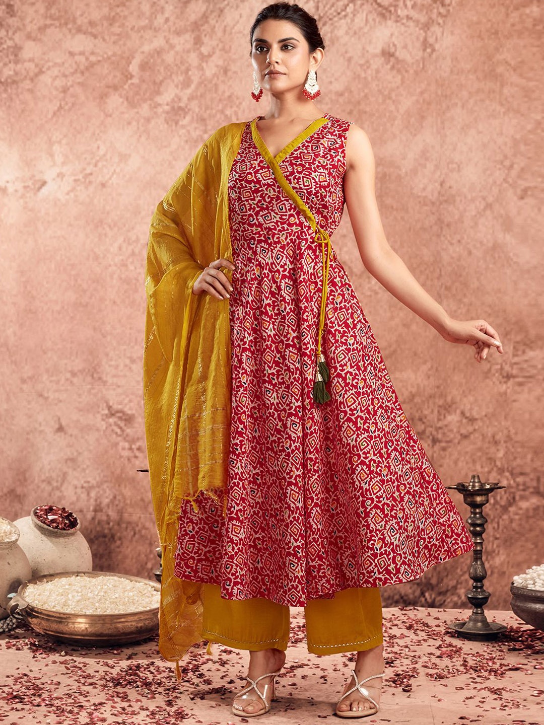 

KALINI Ethnic Motifs Printed V-Neck Anarkali Kurta With Palazzos & Dupatta, Red
