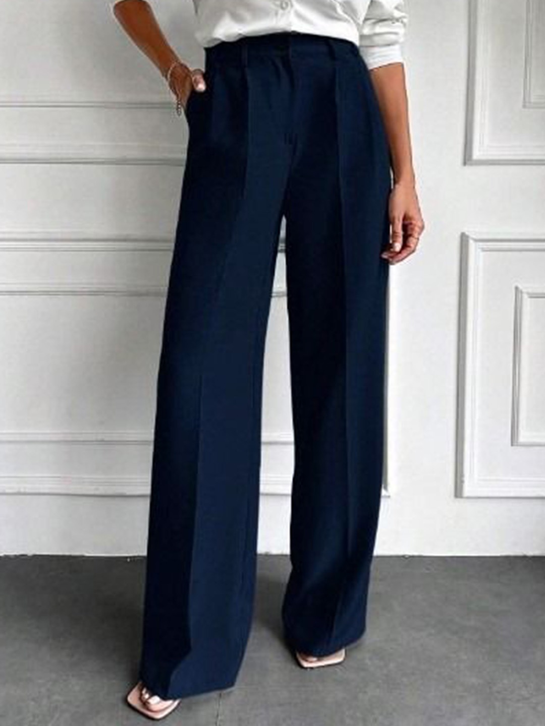 

Next One Women Regular Fit Smart High-Rise Easy Wash Pleated Trousers, Navy blue